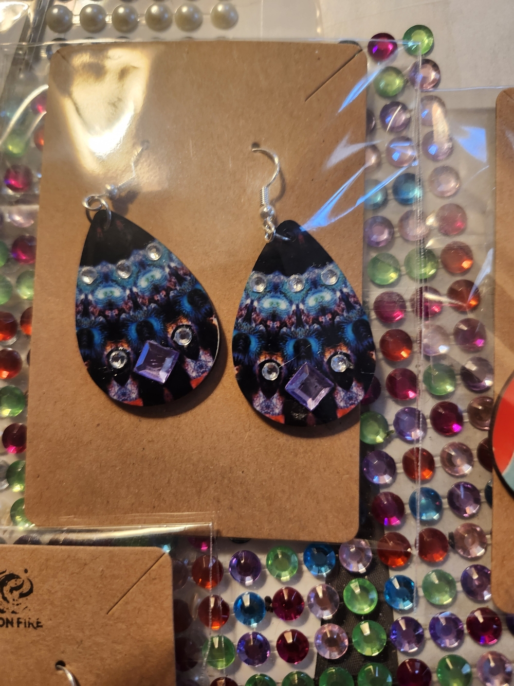 Peacock-Print Teardrop Earrings with Purple Accents